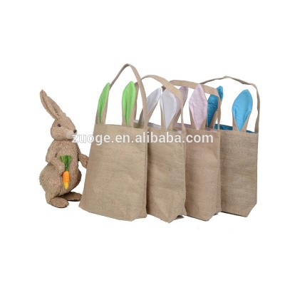 2017 Fashion easter bag Cotton and jute blended handle bag Easter rabbit ear gift bag